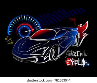 Super drive extreme. Automobile t shirt design drawing in bright night neon lights colors on dark blue background. Speed support car and fight fire on back side. colorful sign of speedometer  