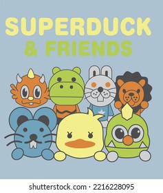 Super duck and friends on  vector. Hippo, rat, lion etc. 