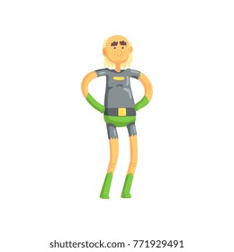 Super elderly man standing with arms akimbo. Funny toothless grandfather character in superhero costume with pants and gloves. Flat vector