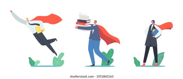 Super Employees in Red Cloak Holding Documents in Hands Flying, Business Success, Leadership, Professionalism Concept with Superhero Male and Female Characters. Cartoon People Vector Illustration