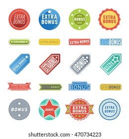 Super and extra bonus banners text in color drawn labels, business shopping concept vector