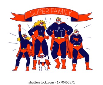 Super Family Concept. Characters Mother, Father, Son, Daughters and Little Baby Playing in Super Heroes. Mommy, Daddy and Children in Superhero Costumes Posing. Linear People Vector Illustration