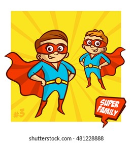 Super Family. Father and Son Superheroes. Vector Illustartion