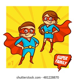 Super Family. Mother and Father Superheroes. Vector Illustartion