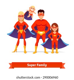 Super Family. Superhero Man Father, Woman Mother, Girl Daughter And Baby. Flat Style Vector Illustration.