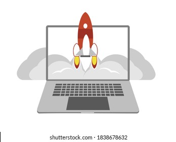 Super fast computer concept. Launch rocket symbol on the screen of an open laptop. Isolated on a white background vector.