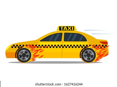 Super fast delivery by car taxi on fire wheels. icon. flat vector illustration isolated on white background
