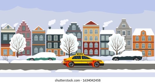 Super fast delivery by car taxi on fire wheels. Landscape of a winter snowy city with houses, trees, cars. flat vector illustration