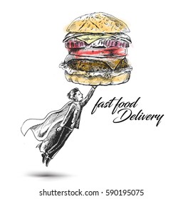 Super fast delivery guy delivering burger, Hand Drawn Sketch Vector illustration.