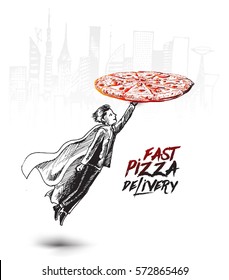 Super fast pizza delivery guy delivering pizza, Hand Drawn Sketch Vector illustration.