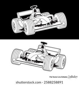 Super fast racer car, editable vector car illustrated in black and white 