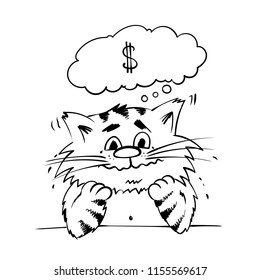 Super fearful stripe cat. Sitting with dream kitty. infantile outline sketch cat  for coloring book. Hand drawn cat for print. Doodle  cartoon money dream love tom cat 