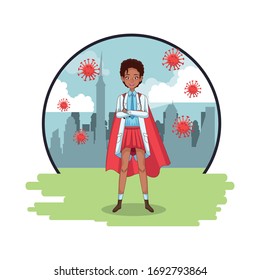 super female afro doctor with hero cloak vs covid19 vector illustration design