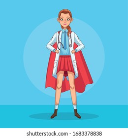 super female doctor with hero cloak vs covid19 vector illustration design