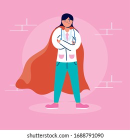 super female doctor with hero cloak vs covid19 vector illustration design
