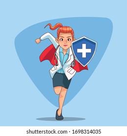 super female doctor with hero cloak runing vector illustration design