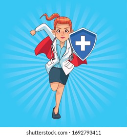 super female doctor running with shield vector illustration design vector illustration design