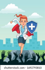 super female doctor running with shield and people cheering vector illustration design vector illustration design