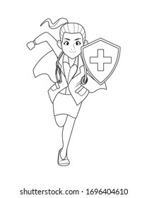 super female doctor running with shield vector illustration design