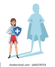 super female doctor with shield and shadow vs covid19 vector illustration design