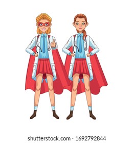 super female doctors with hero cloak vs covid19 vector illustration design