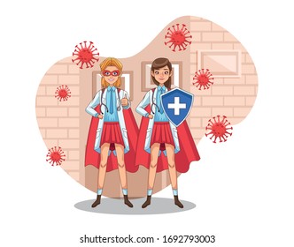 super female doctors with hero cloak and shield vs covid19 vector illustration design