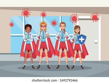 super female doctors interracial with hero cloak vs covid19 vector illustration design