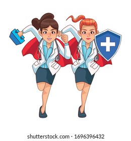 figuras cómicas de supermujeres doctoras ilustraciones vectoriales diseño