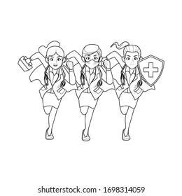 super female doctors staff comic characters vector illustration design