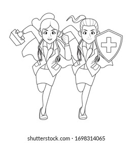 super female doctors staff comic characters vector illustration design