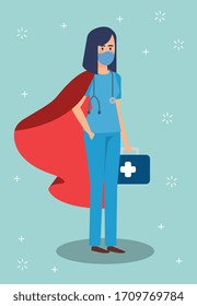 super female paramedic with hero cloak and first aid kit vector illustration design