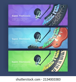 Super festival posters with music instruments and microphone. Vector invitation flyers to jazz, rock or pop party, musical fest with cartoon synthesizer, guitar and sound recording equipment