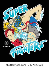 Super fighter characters kicking in the street with special move. Vector Illustration good for t-shirt printing, postcard, flyer, and more. 