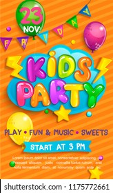 Super Flyer For Kids Party In Cartoon Style With Sunburst Background. Place For Fun And Play, Kids Game Room For Birthday Party. Poster For Children's Playroom Decoration. Vector Illustration.