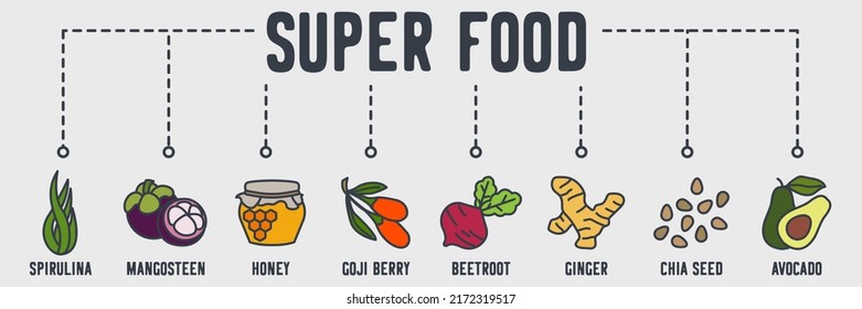 Super Food Banner Web Icon. Spirulina, Mangosteen, Honey, Goji Berry, Beetroot, Ginger, Chia Seed, Avocado Vector Illustration Concept.