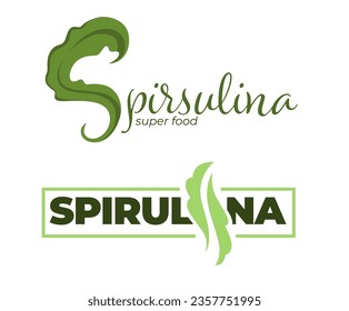 Super food for dieting, detox and nourishment, spirulina ingredient. Isolated logotype with seaweeds and text, tasty supplement for meal and dishes. Organic and natural. Vector in flat style