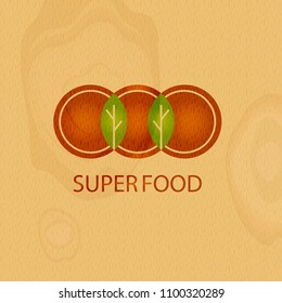 Super food. Health store, market concept badge.  Poker-work logo on wood texture. Vintage eco sticker for organic natural farm fresh product.  Vector template for local business. 