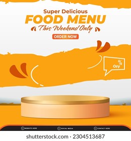 super food menu sale discount square template banner with copy space 3d podium for product sale with abstract gradient orange and white background design