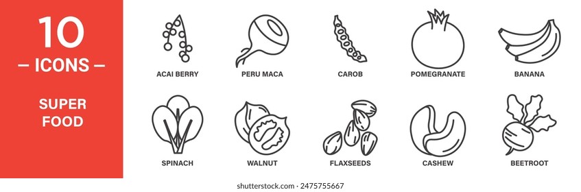 Super food related vector icon set acai berry, peru maca, carob, pomegranate, banana, spinach, walnut, flaxseeds, cashew, beetroot,  and more icons