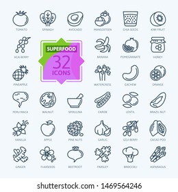 Super food - thin line icon set of fruits, vegetables, berries, nuts, roots and seeds. Outline icons collection of healthy detox natural products, organic food ingredients for health and diet.