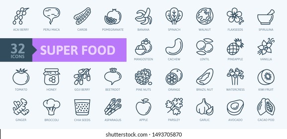 Super Food - Thin Line Icon Set Of Fruits, Vegetables, Berries, Nuts, Roots And Seeds. Outline Icons Collection Of Healthy Detox Natural Products, Organic Food Ingredients For Health And Diet. 