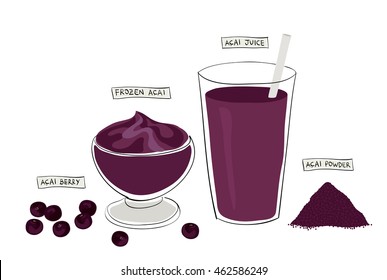 super food variety: acai berry, acai bowl, acai juice and acai powder