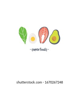 Super foods hand drawn icons with text isolated on white background