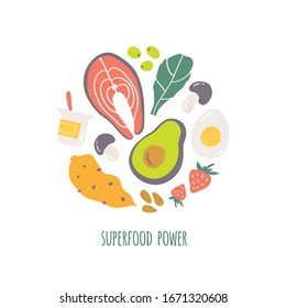 Superalimentos en diseño circular. Iconos dibujados a mano, ilustración aislada en fondo blanco con texto. Superalimentos de potencia.