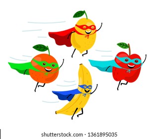 Super fruits. Smiling fruit superheroes vector illustration, colorful funny vegetarian food super heroes, cartoon fruity characters