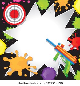 Super Fun Paintball Birthday Invitation With Colorful Paintball Gun Shooting At A Bullseye Target With Cool Comic Book Starbursts Paint Splatters