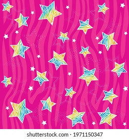 Super fun rainbow star pattern reminiscent of 1980s or 1990s little girls styles. Repeating patterns are great for backgrounds, wallpaper, or surface design.