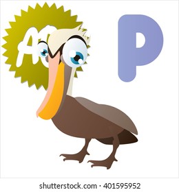 Super funny extra cute animal kids ABC series. Collectible collection for children games. Letter P  is for Pelican