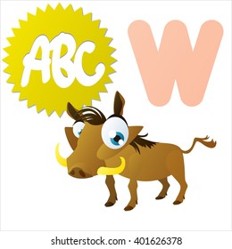 Super funny extra cute animal kids ABC series. Collectible collection for children games. Letter W  is for Warthog