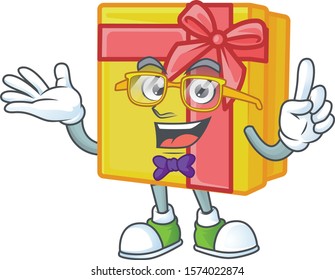 Super Funny Geek smart yellow gift box mascot cartoon style
